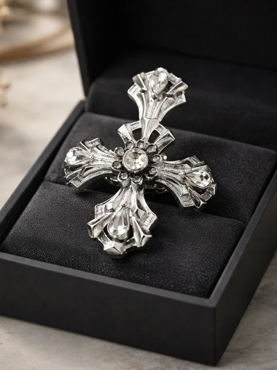 Ornate Silver Cross brooch with Clear Crystals - Picture 5 of 5